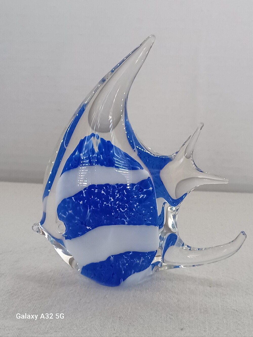 Murano Style Hand Blown  Angel Fish Art Glass Colbalt, White And Clear 4.5"